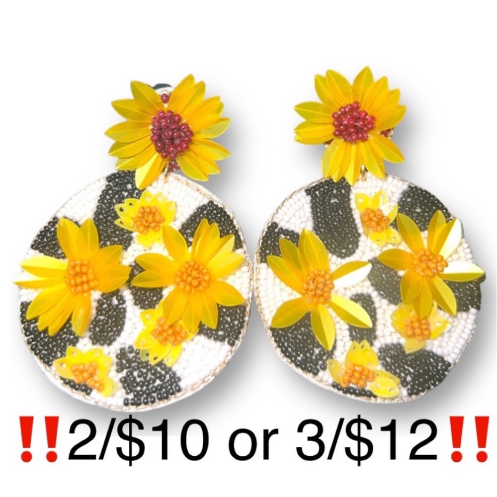 Sunflower Cow Print Post Back Seed Bead Dangling Statement Earrings